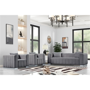 Pemberly Row 3-PC Living Room Furniture Velvet Fabric Sofa+2-Armchairs Set-Gray