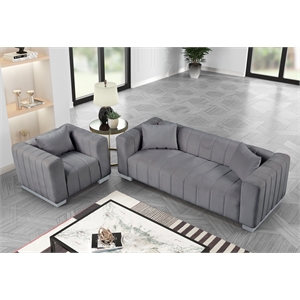 Pemberly Row 2-PC Living Room Furniture Velvet Fabric Sofa+Armchair Set-Gray