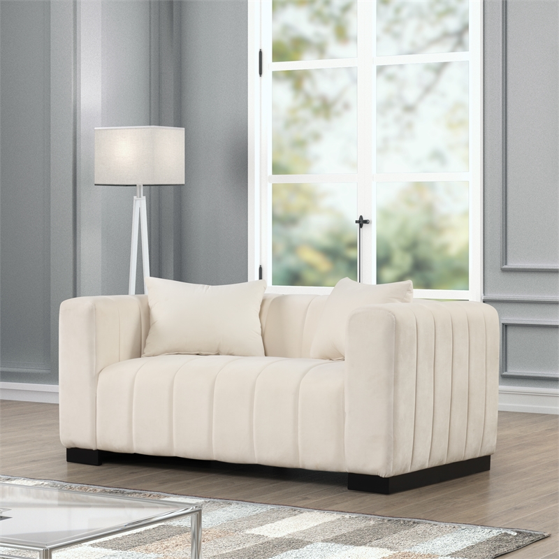 Pemberly Row 2-Piece Living Room Furniture Velvet Fabric Sofa+Loveseat Set-Beige