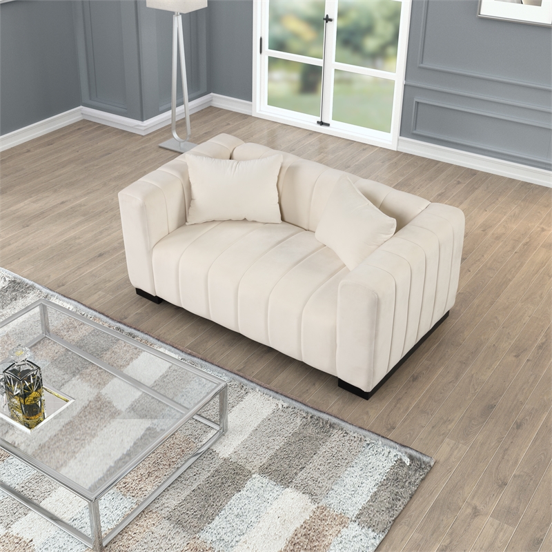 Pemberly Row 2-Piece Living Room Furniture Velvet Fabric Sofa+Loveseat Set-Beige