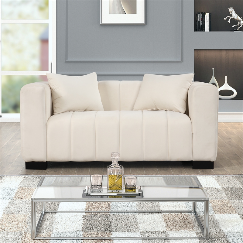 Pemberly Row 2-Piece Living Room Furniture Velvet Fabric Sofa+Loveseat Set-Beige