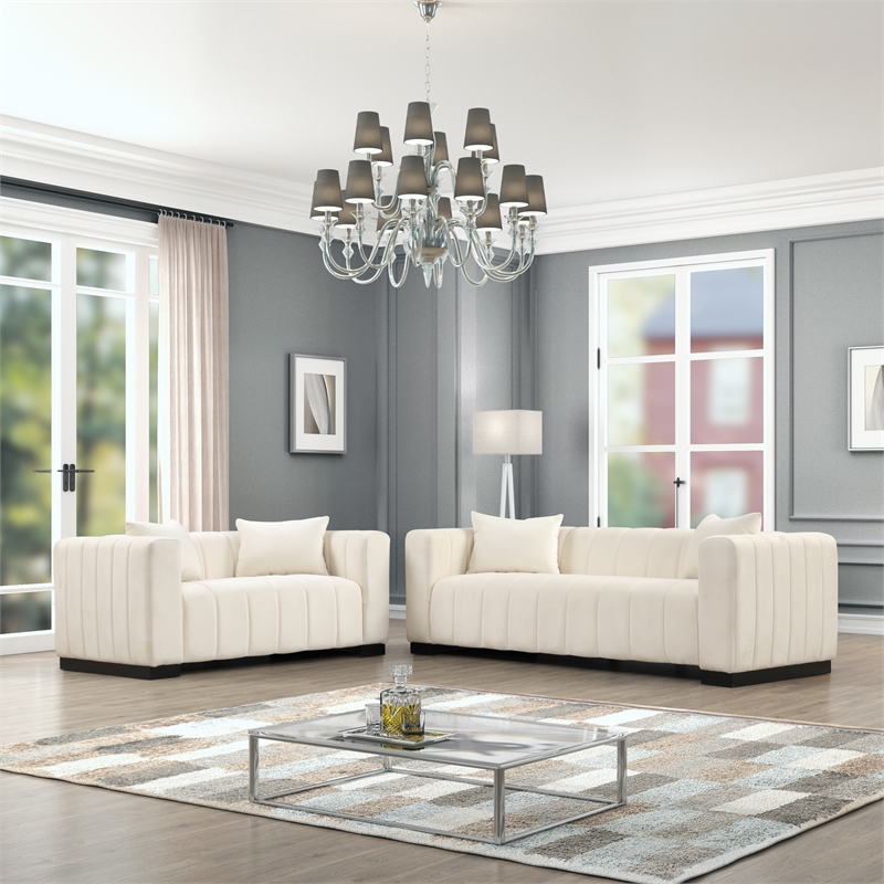 Pemberly Row 2-Piece Living Room Furniture Velvet Fabric Sofa+Loveseat Set-Beige