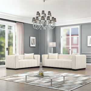 Pemberly Row 2-Piece Living Room Furniture Velvet Fabric Sofa+Loveseat Set-Beige