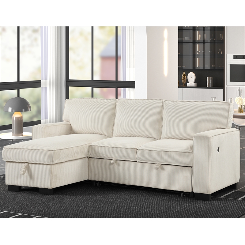 Pemberly Row Reversible Storage Chaise Sleeper Corduroy Fabric Sofa - Beige