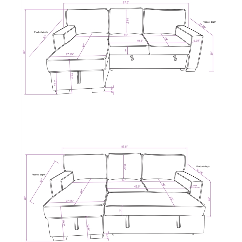 Pemberly Row Reversible Storage Chaise Sleeper Corduroy Fabric Sofa - Beige