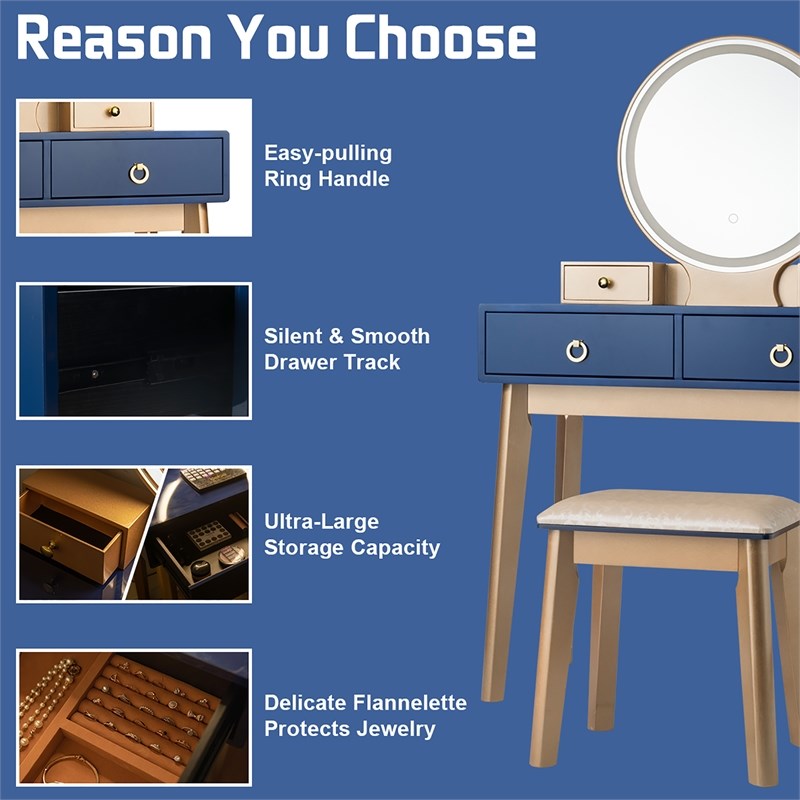 Pemberly Row Vanity Makeup Table Touch Screen 3 Lighting Modes Navy