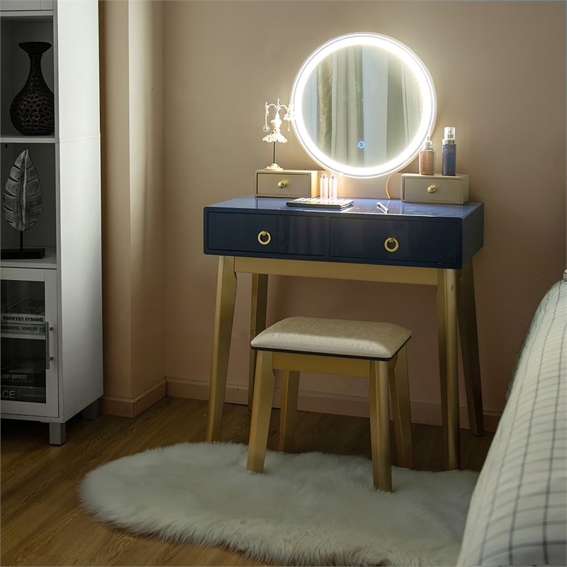 Pemberly Row Vanity Makeup Table Touch Screen 3 Lighting Modes Navy
