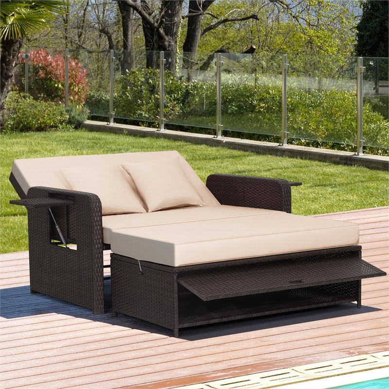 Pemberly Row Contemporary Patio Rattan Daybed Lounge in Beige