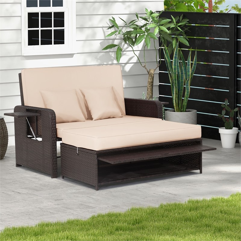 Pemberly Row Contemporary Patio Rattan Daybed Lounge in Beige