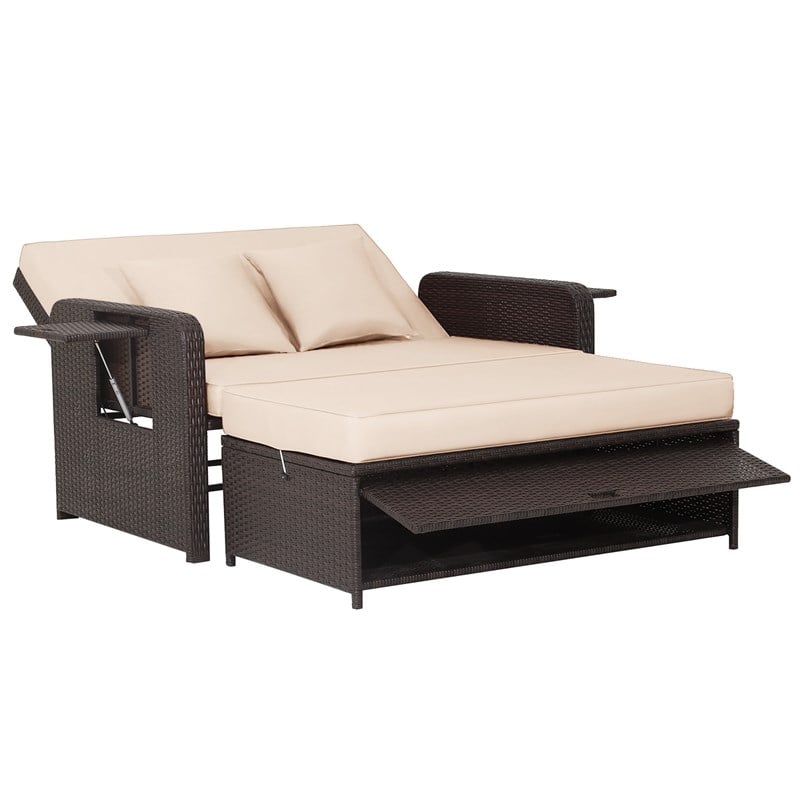 Pemberly Row Contemporary Patio Rattan Daybed Lounge in Beige