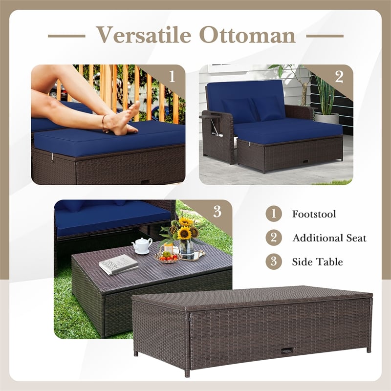 Pemberly Row Contemporary Patio Rattan Daybed Lounge in Navy