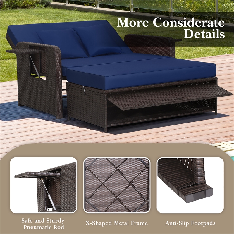 Pemberly Row Contemporary Patio Rattan Daybed Lounge in Navy