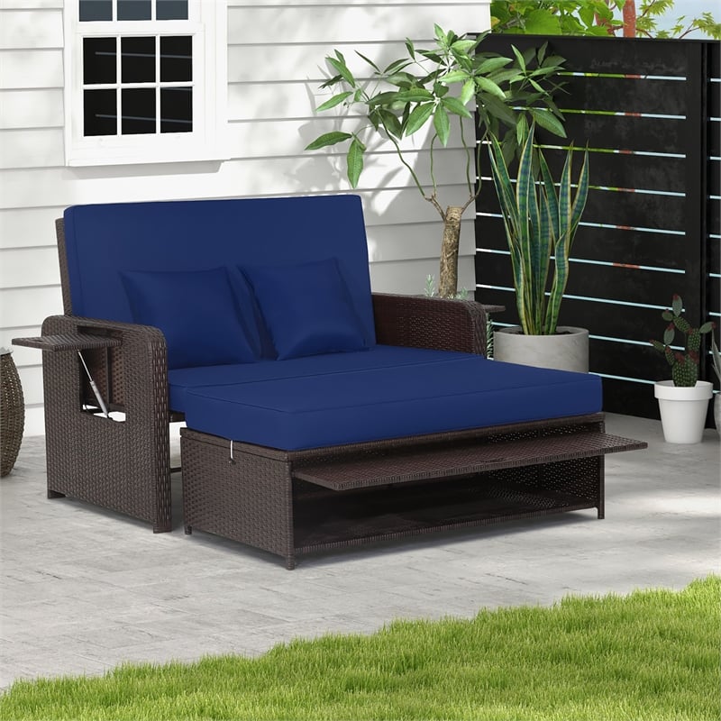 Pemberly Row Contemporary Patio Rattan Daybed Lounge in Navy