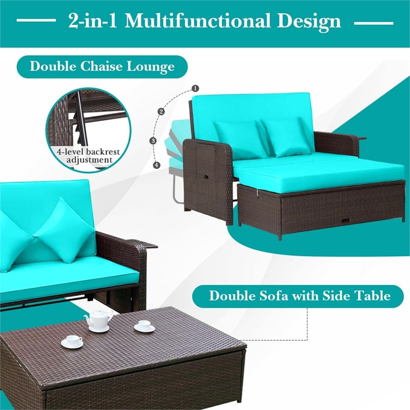 Pemberly Row Contemporary Patio Rattan Daybed Lounge in Turquoise