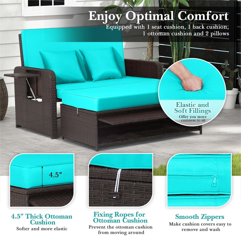 Pemberly Row Contemporary Patio Rattan Daybed Lounge in Turquoise