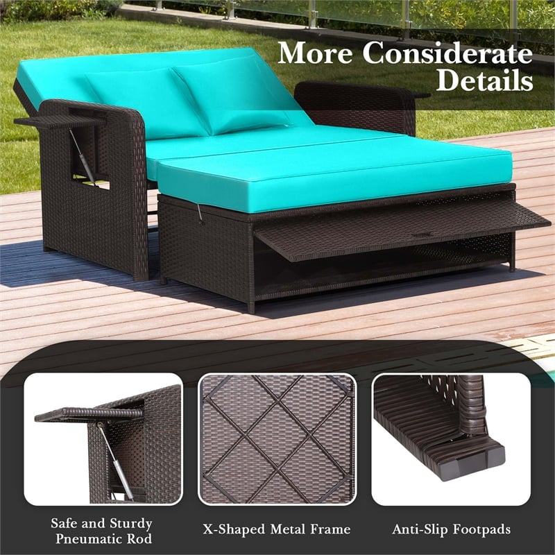 Pemberly Row Contemporary Patio Rattan Daybed Lounge in Turquoise