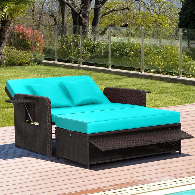 Pemberly Row Contemporary Patio Rattan Daybed Lounge in Turquoise