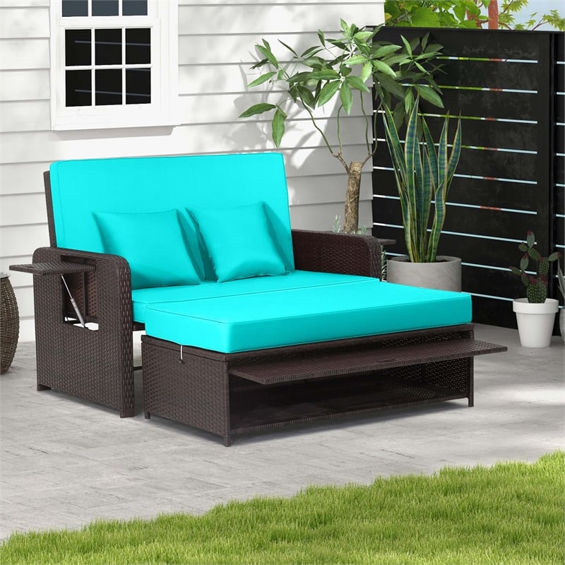 Pemberly Row Contemporary Patio Rattan Daybed Lounge in Turquoise