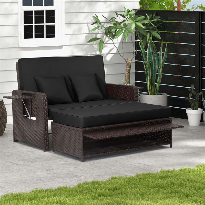 Pemberly Row Contemporary Patio Rattan Daybed Lounge in Black