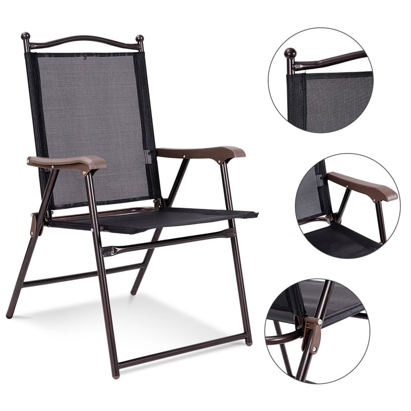 Pemberly Row Set of 2 Patio Steel Folding Sling Back Chairs in Black