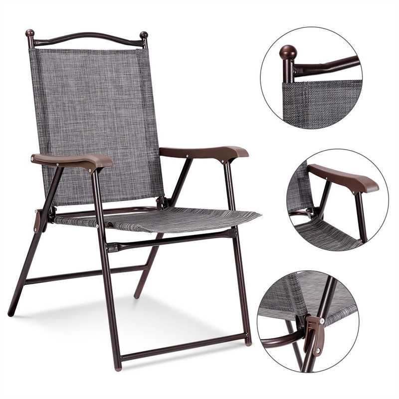 Pemberly Row Set of 2 Patio Steel Folding Sling Back Chairs in Gray