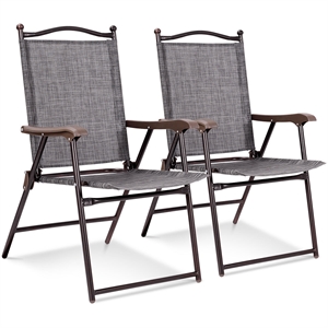 Pemberly Row Set of 2 Patio Steel Folding Sling Back Chairs in Gray