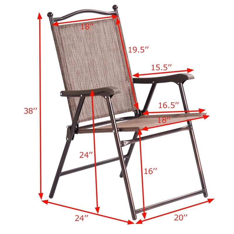 Pemberly Row Set of 2 Patio Steel Folding Sling Back Chairs in Brown