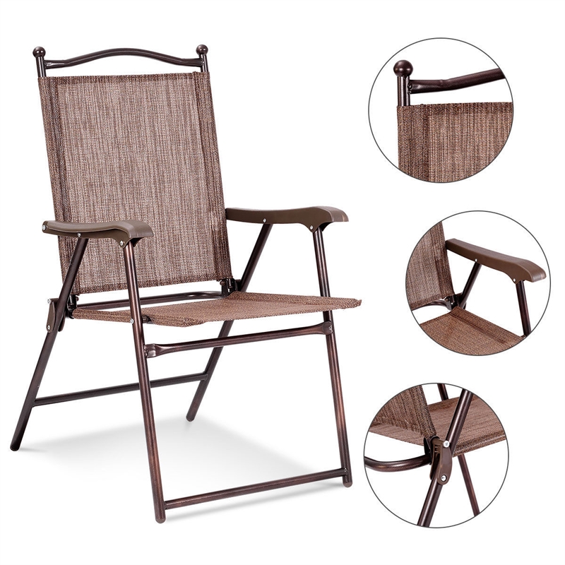 Pemberly Row Set of 2 Patio Steel Folding Sling Back Chairs in Brown
