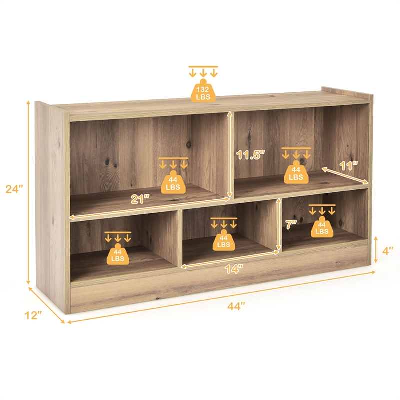 Pemberly Row Contemporary Kids 2-Shelf Wood Bookcase 5-Cube in Natural