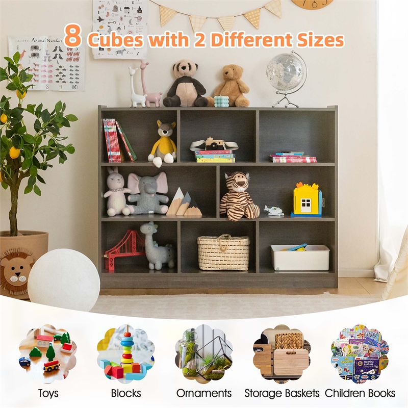 Pemberly Row Contemporary 3-tier Open Bookcase 8-Cube in Gray