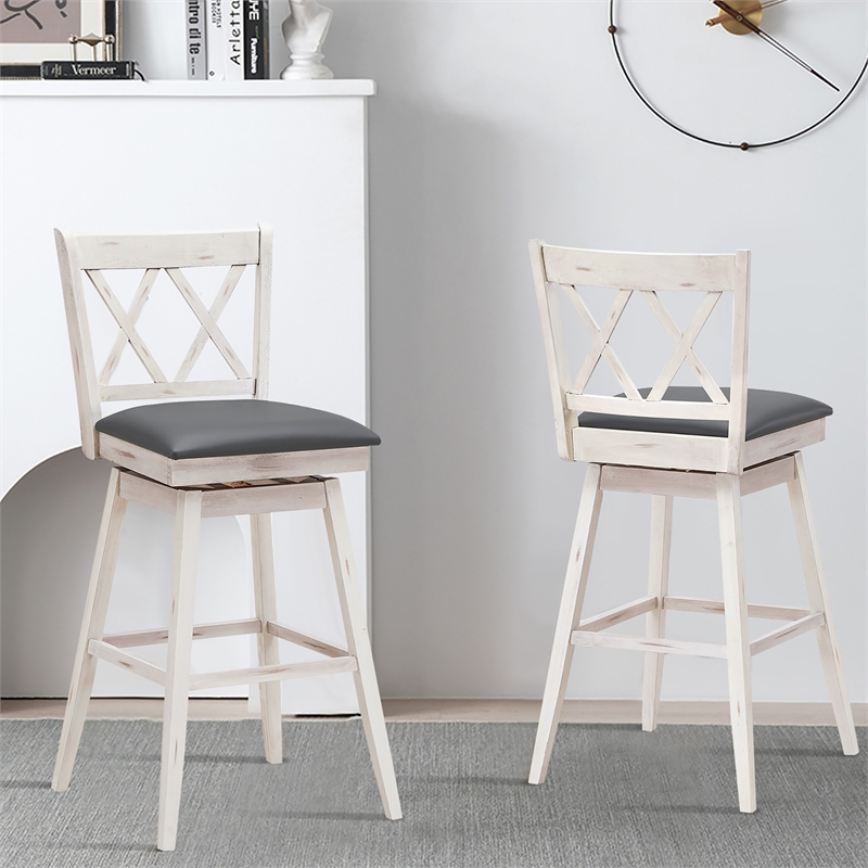 Pemberly Row Set of 2 Barstools Swivel Bar Height Chairs in White
