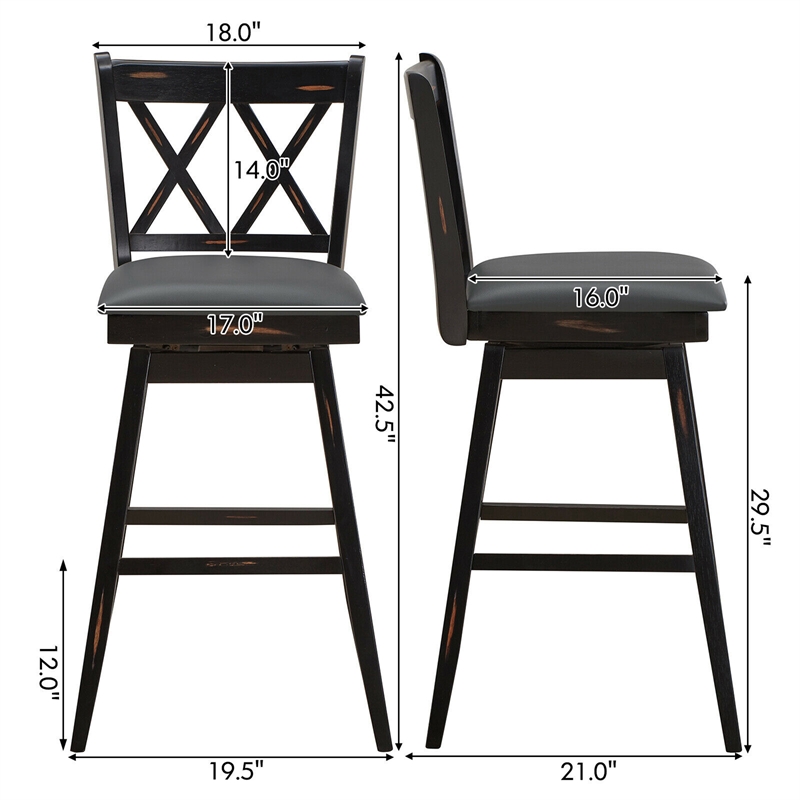 Pemberly Row Set of 2 Barstools Swivel Bar Height Chairs in Black