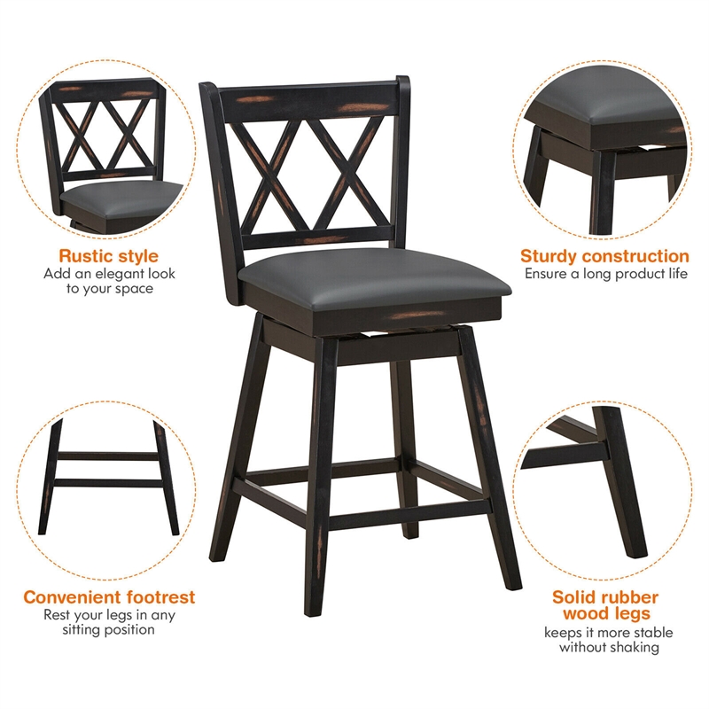 Pemberly Row Set of 2 Barstools Swivel Counter Height Chairs in Black