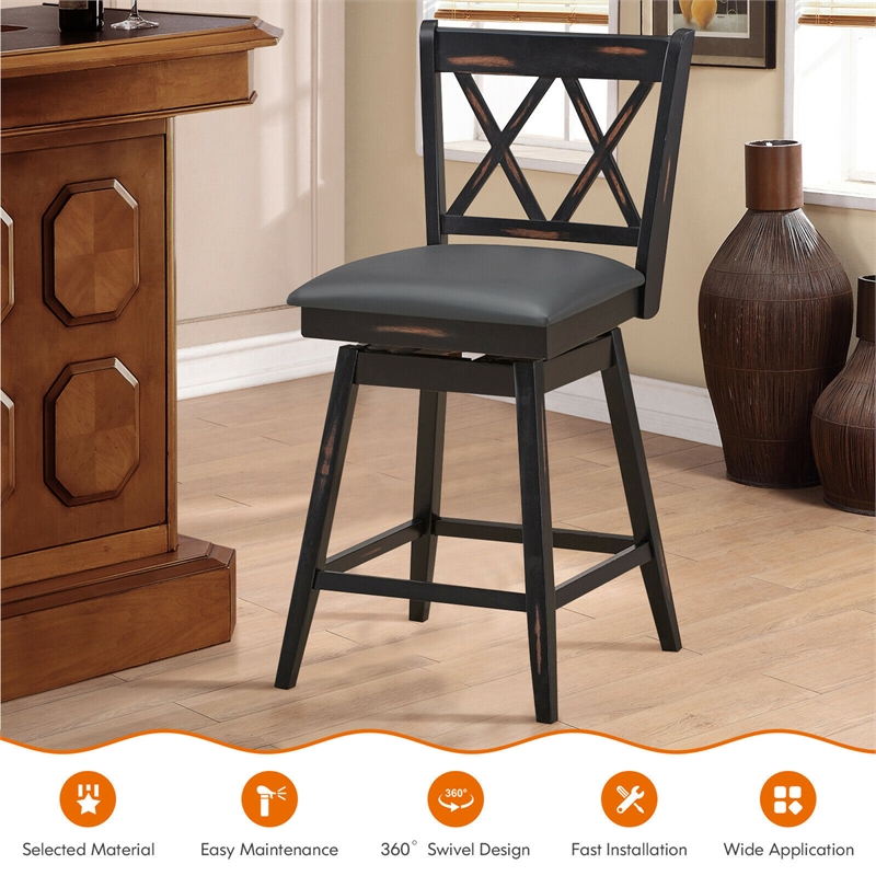 Pemberly Row Set of 2 Barstools Swivel Counter Height Chairs in Black