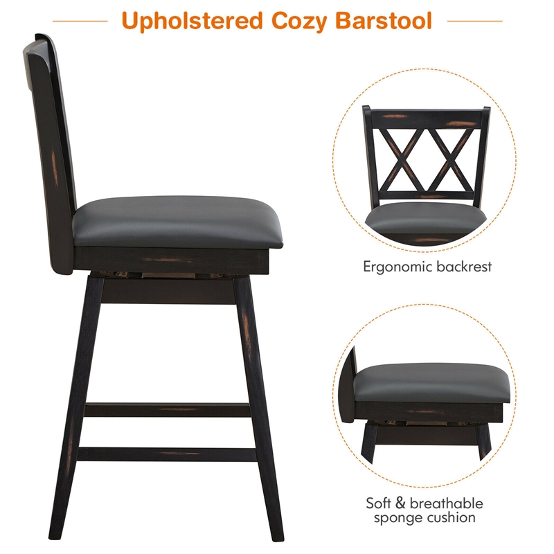 Pemberly Row Set of 2 Barstools Swivel Counter Height Chairs in Black