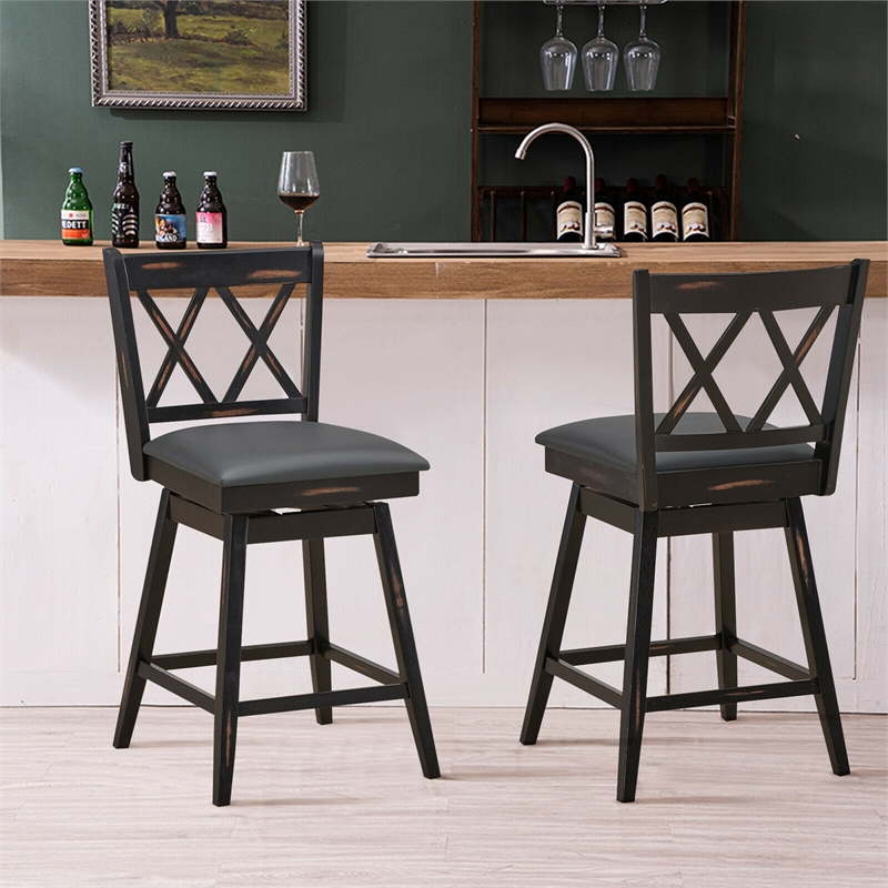 Pemberly Row Set of 2 Barstools Swivel Counter Height Chairs in Black