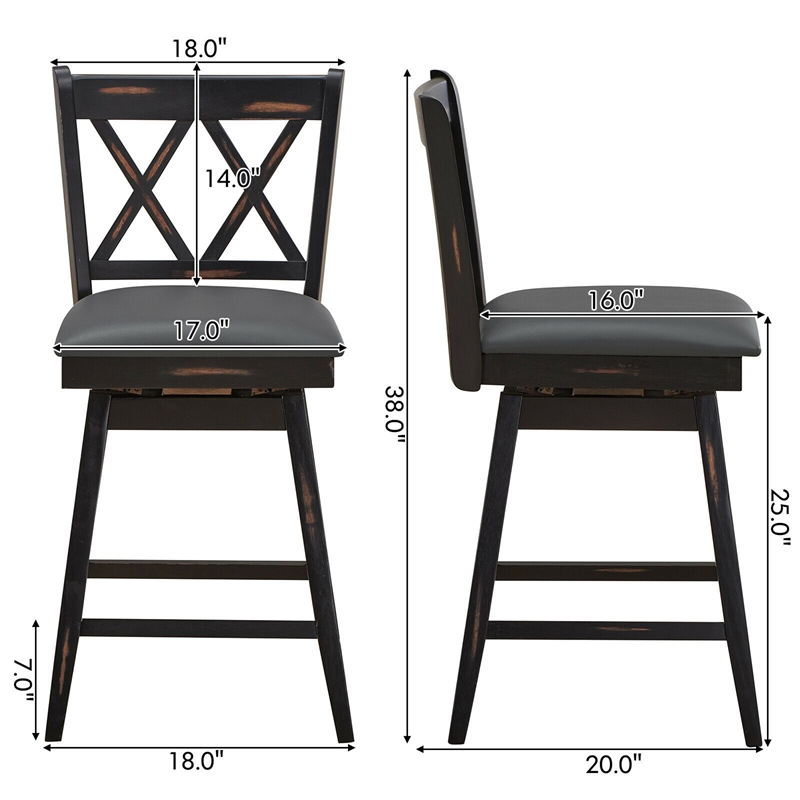 Pemberly Row Set of 2 Barstools Swivel Counter Height Chairs in Black
