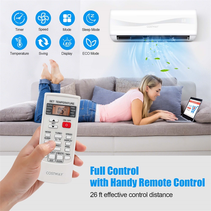 Pemberly Row 9000 BTU Split Air Conditioner & Heater Wall Mount AC Unit in White