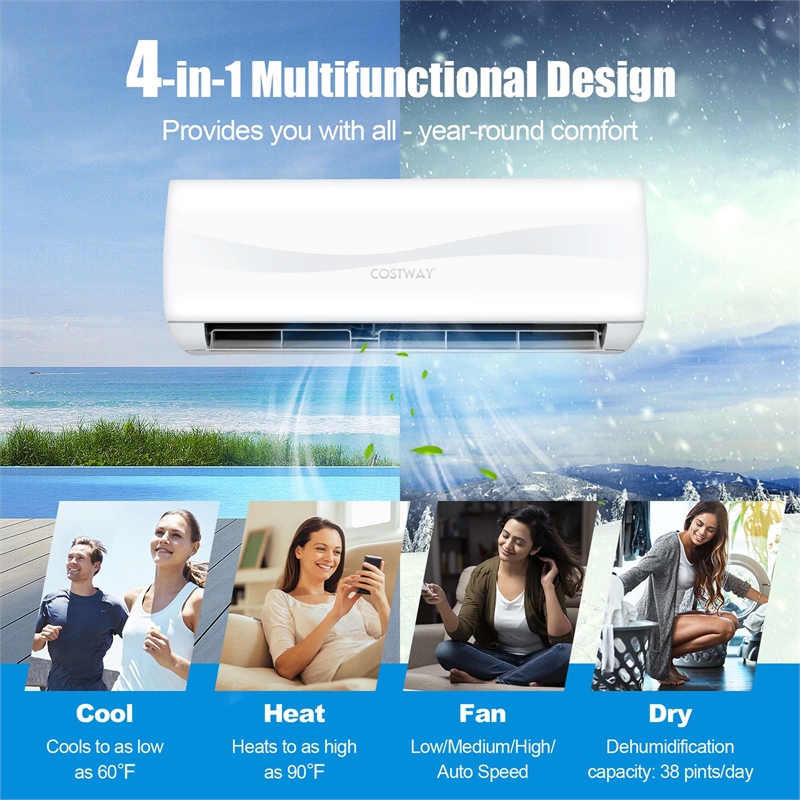 Pemberly Row 9000 BTU Split Air Conditioner & Heater Wall Mount AC Unit in White