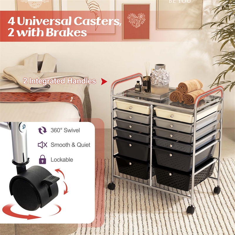 Pemberly Row 12 Drawers Rolling Cart Mutlicolor Studio Organizer Bins in Gray