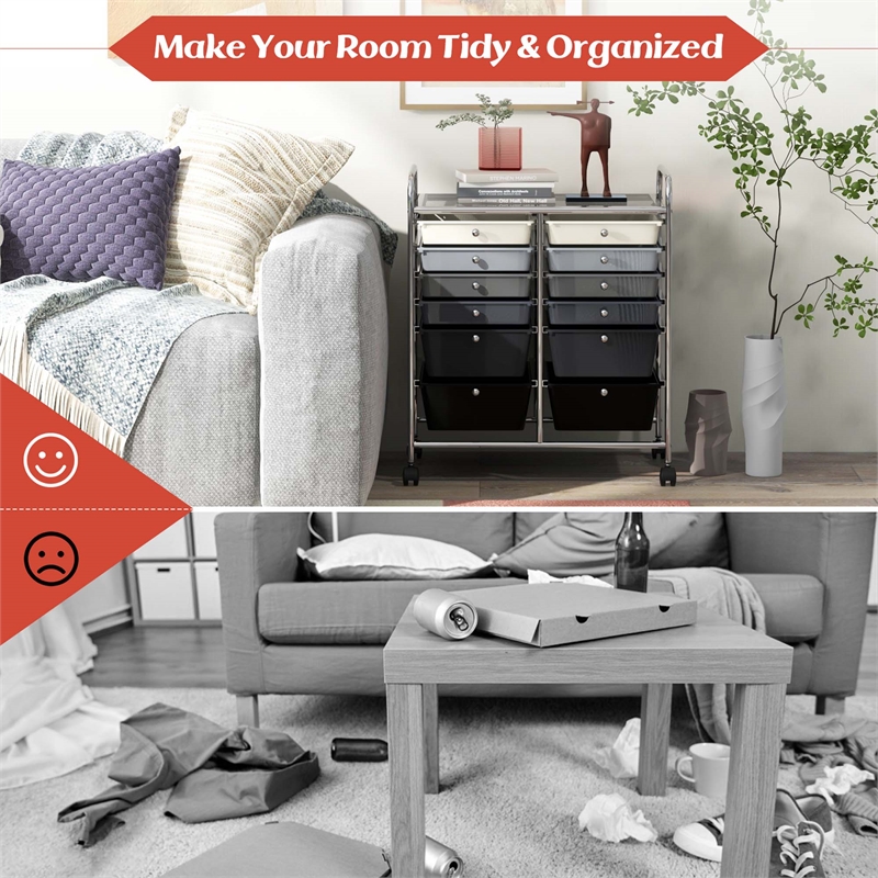 Pemberly Row 12 Drawers Rolling Cart Mutlicolor Studio Organizer Bins in Gray