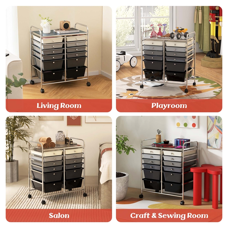Pemberly Row 12 Drawers Rolling Cart Mutlicolor Studio Organizer Bins in Gray