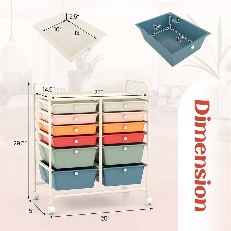 Pemberly Row Plastic 12 Drawers Rolling Cart Mutlicolor Organizer Bins - Macaron