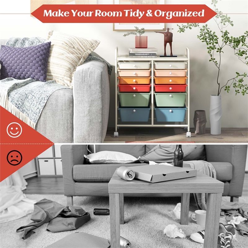 Pemberly Row Plastic 12 Drawers Rolling Cart Mutlicolor Organizer Bins - Macaron