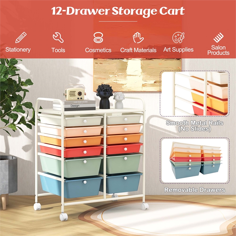 Pemberly Row Plastic 12 Drawers Rolling Cart Mutlicolor Organizer Bins - Macaron