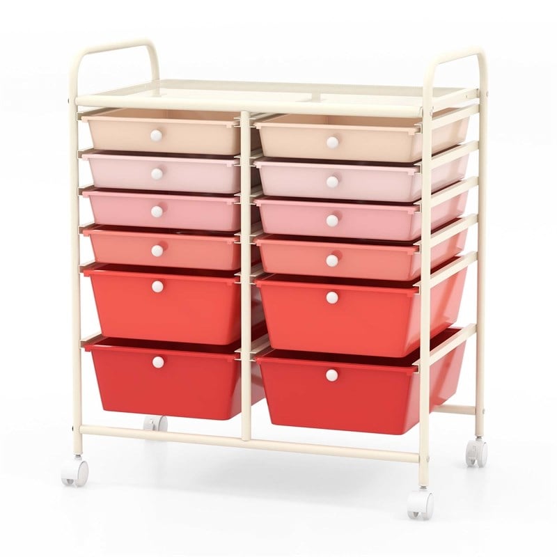 Pemberly Row 12 Drawers Rolling Cart Mutlicolor Studio Organizer Bins in Pink