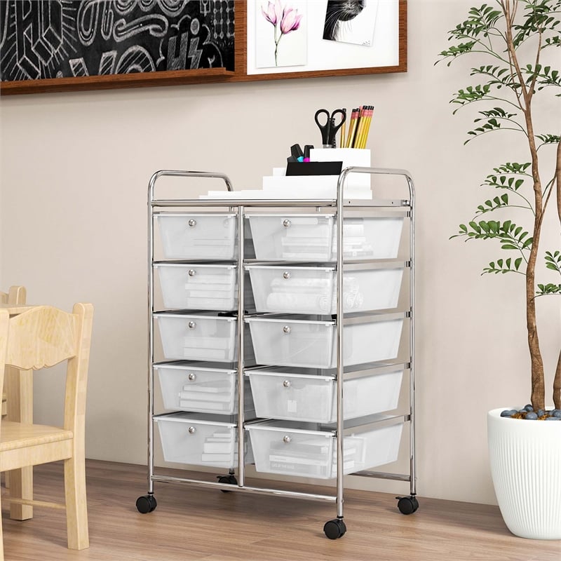 Pemberly Row 10-Drawer Storage Cart Utility Rolling Trolley in Clear