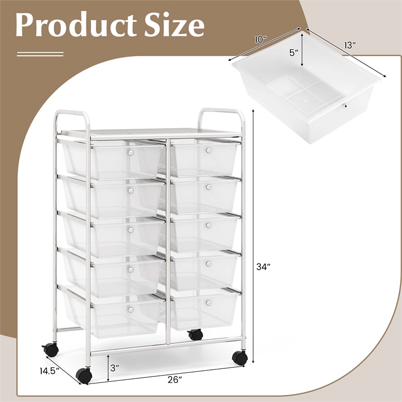 Pemberly Row 10-Drawer Storage Cart Utility Rolling Trolley in Clear