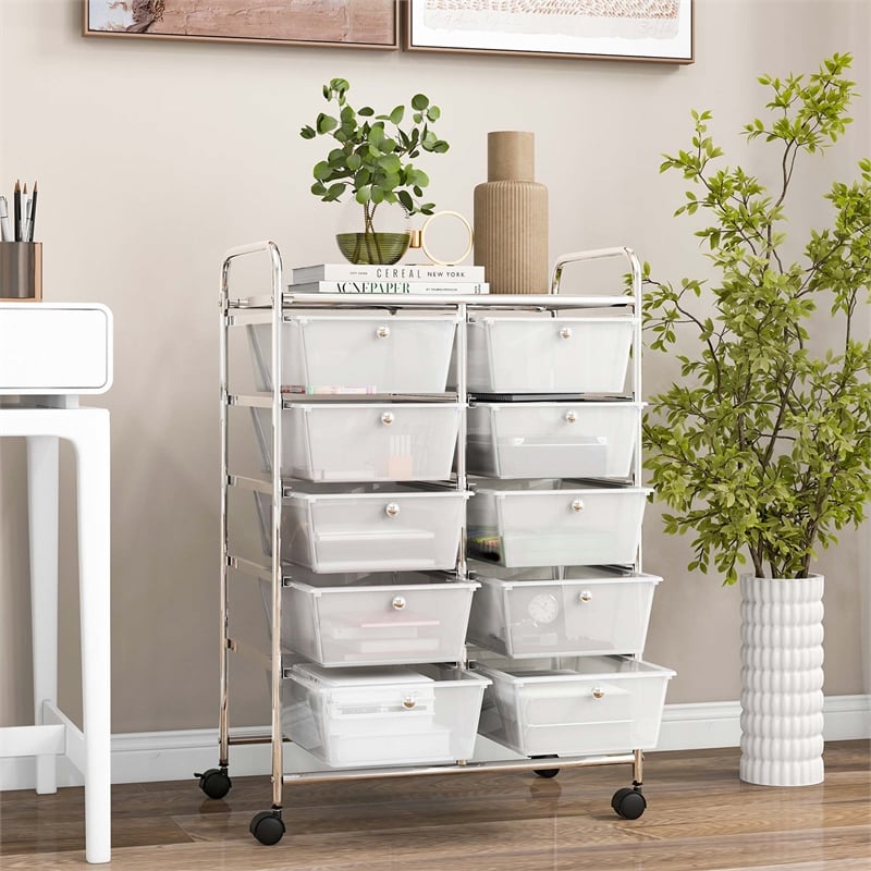 Pemberly Row 10-Drawer Storage Cart Utility Rolling Trolley in Clear