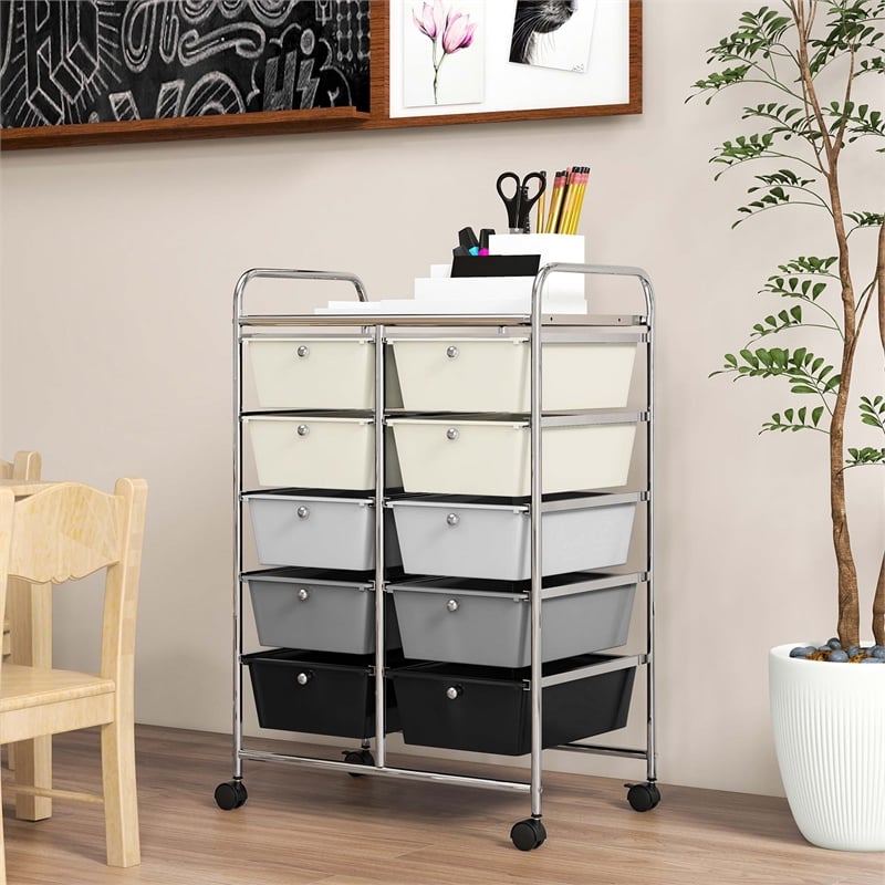 Pemberly Row 10-Drawer Storage Cart Utility Rolling Trolley in Gray